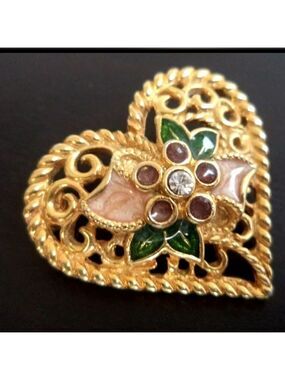 VINTAGE FLOWERED HEART PIN/PENDANT "I LOVE YOU" RHINESTONE & ENAMEL